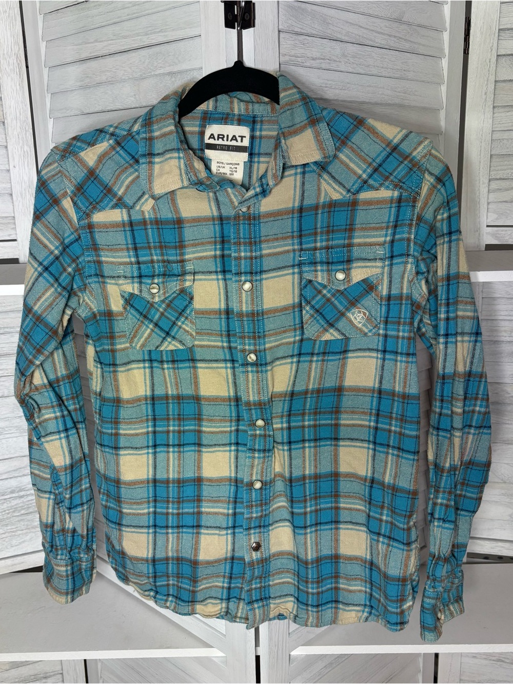 Ariat Retro Fit Boys XL 18 Plaid Western Pearl Snap Shirt Blue